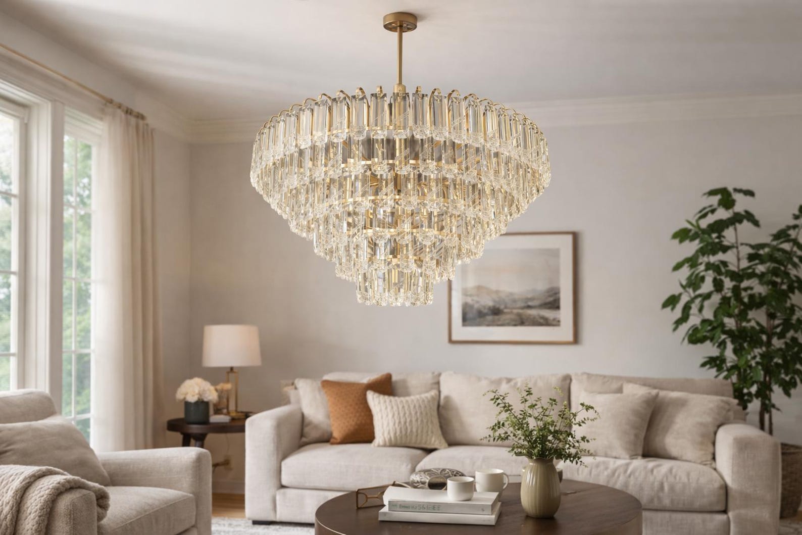 Modern Gold Crystal Rod Chandelier | Tiered Living Room Lighting - Etsy