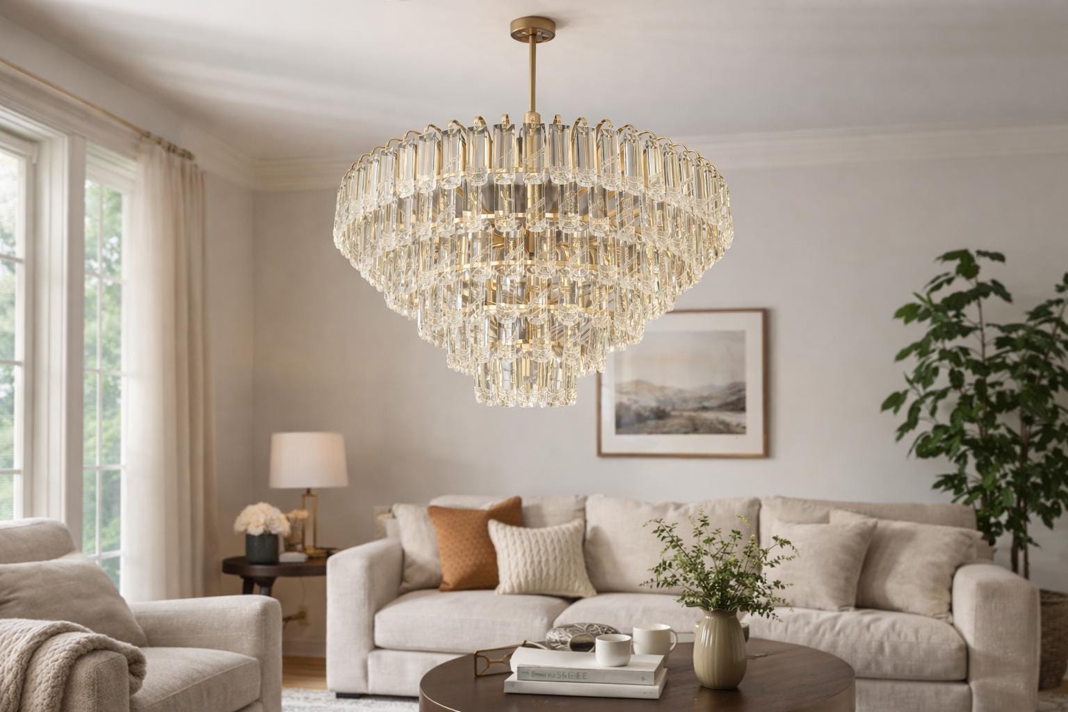 Modern Gold Crystal Rod Chandelier | Tiered Living Room Lighting - Etsy