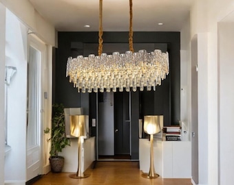 Modern Rectangular Crystal Chandelier: Gold LED Ceiling Light