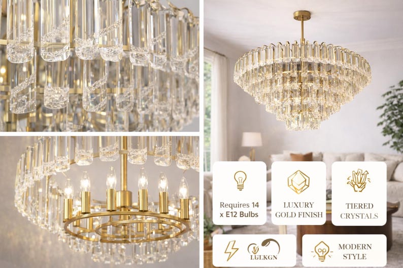 Modern Gold Crystal Rod Chandelier | Tiered Living Room Lighting - Etsy