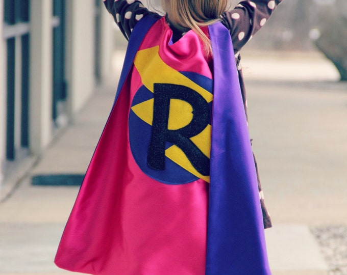 PERSONALIZED GIRL SUPERHERO Cape - Custom Initial - Lots of color combinations to choose from - Girl birthday gift - Superhero Costume