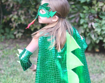 GREEN DRAGON Costume Cape with scales and spikes + optional Dragon Mask and Full Costume - Dress Up Costume - Kids Halloween Dragon Costume