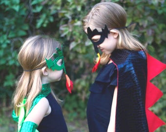 GREEN DRAGON Costume Cape with scales and spikes + optional Dragon Mask and Full Costume - Dress Up Costume - Kids Halloween Dragon Costume