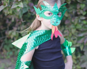 GREEN DRAGON Costume Cape with scales and spikes + optional Dragon Mask and Full Costume - Kids Halloween Dragon Costume