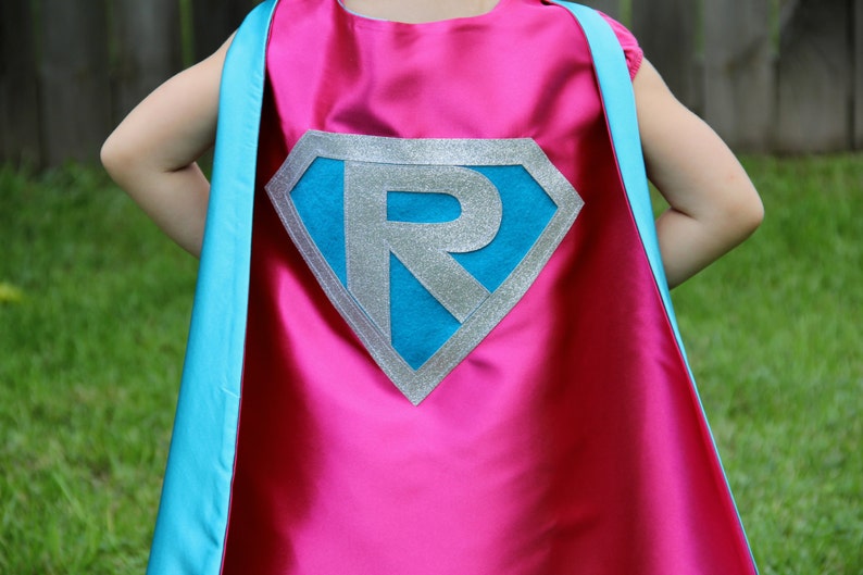 Ships Fast Girls Halloween Superhero Costume Cape Sparkle PERSONALIZED GIRL SUPERHERO Cape Custom Initial 6 color choices 2