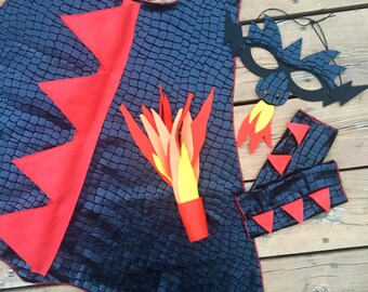 BLACK DRAGON Costume Cape with scales and spikes + optional Dragon Mask and Full Costume - Dress Up Costume - Kids Halloween Dragon Costume