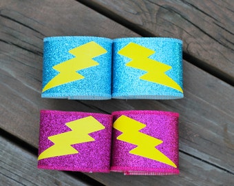 SPARKLE WRISTBAND SET - Superhero Wrist Bands - Big Lightning Bolt  - Turquoise or hot pink - superhero girl party - Stocking stuffer