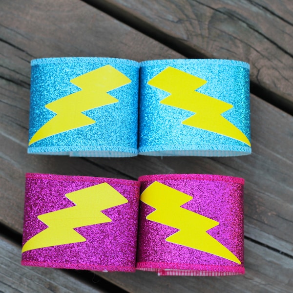 SPARKLE WRISTBAND SET - Superhero Wrist Bands - Big Lightning Bolt  - Turquoise or hot pink - superhero girl party - Stocking stuffer