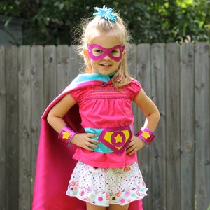 Personalized Girls SUPERHERO COSTUME SET - Includes cape with child's initial plus 3 accessories - wrist bands - hero belt - mask