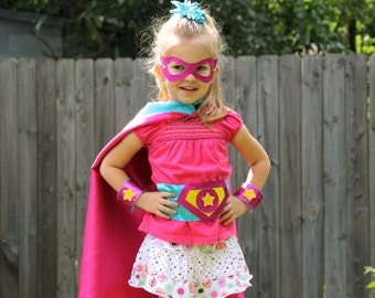 Personalized Girls SUPERHERO COSTUME SET - Includes cape with child's initial plus 3 accessories - wrist bands - hero belt - mask