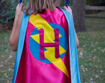 CUSTOMIZED GIRLS Superhero Cape - Add a sparkle initial - Personalized girl birthday gift - Kids superhero costume - Kids Christmas