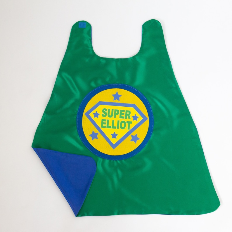 GIRLS FULL NAME Custom Shield Cape / Personalized Superhero Cape / Add Matching Accessories / Superhero Party / Fast Shipping / Halloween 3 GREEN/BLUE CAPE