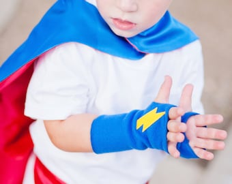 READY TO SHIP - Childrens Superhero Accessory - Lightning Bolt Fingerless Gloves Set - Hero Arm Bands - 18 Combinations - Halloween Ready