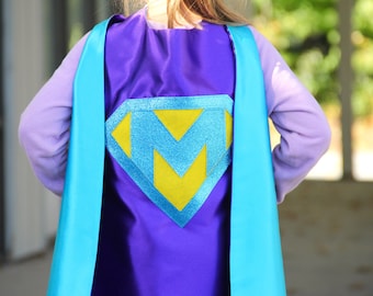 FAST delivery - Girls Sparkle Custom Shield Superhero Costume Cape - PERSONALIZED GIRL Cape - Custom Initial - Lots of color choices