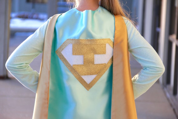 KIDS Personalized Mint and Gold Superhero Cape Set - Gold Shield - Customized Cape with INITIAL - Lots of color options - Superkidcapes Il_570xn