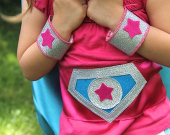 SPARKLE Accessory 3 PIECE Set - Includes 1 Sparkle Shield Belt - Matching Wrist Bands - Sparkle Hero Mask - Match to your superkid capes