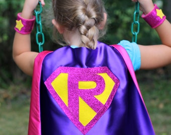 Fast Delivery - Sparkle PERSONALIZED GIRL SUPERHERO Cape - Custom Shield with Initial