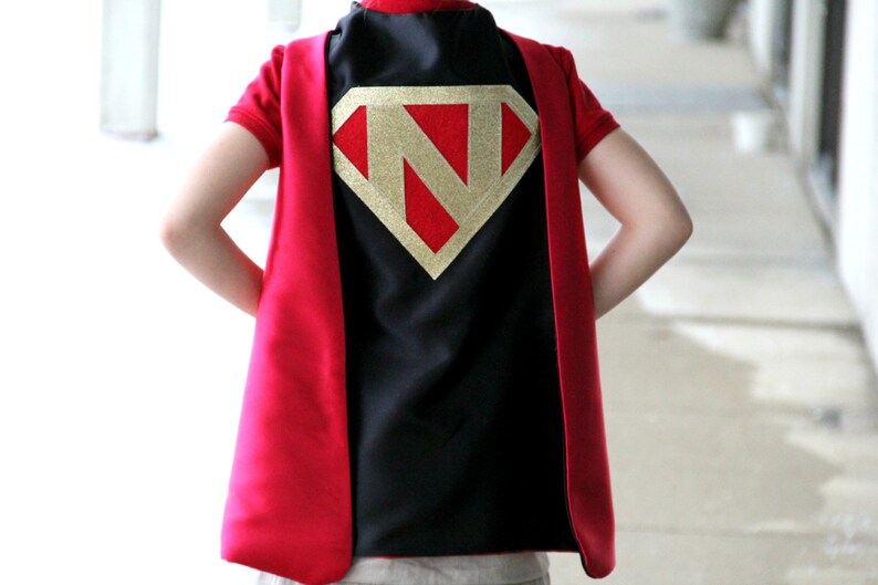 Personalized SUPERHERO CAPE Custom Gold Shield Fast Delivery Personalized Initial Kid Costume Kids Superhero Party Easter basket image 3