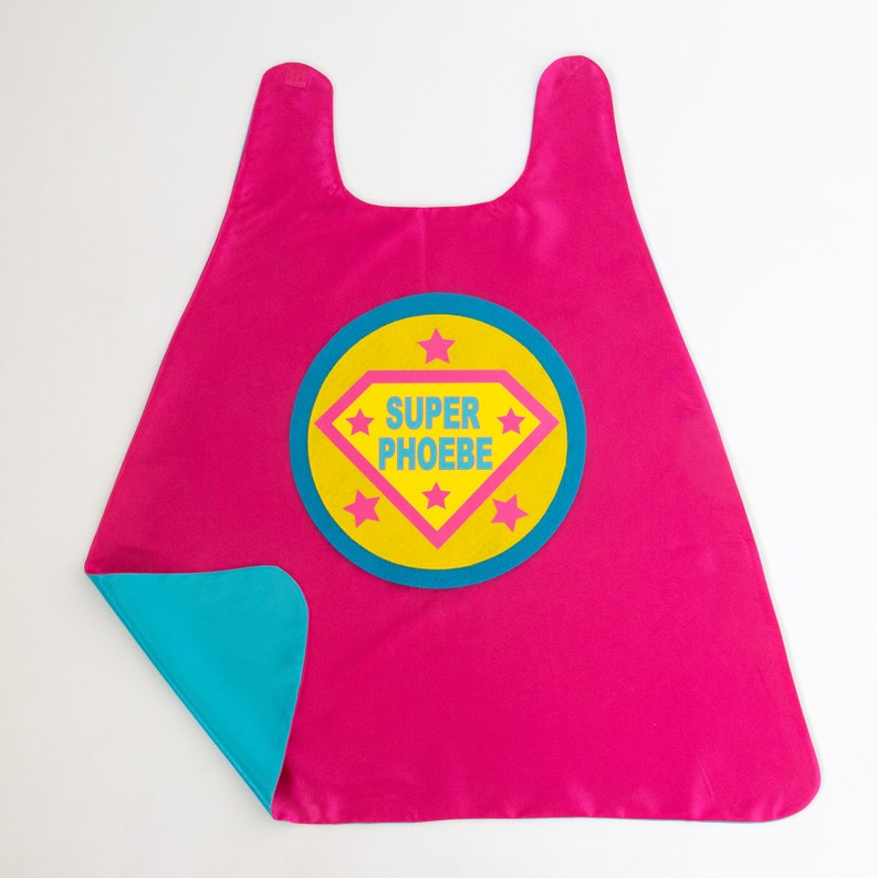 GIRLS FULL NAME Custom Shield Cape / Personalized Superhero Cape / Add Matching Accessories / Superhero Party / Fast Shipping / Halloween 7 PINK/TURQU CAPE