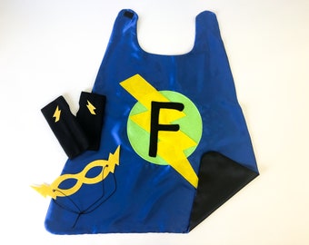 Childs Superhero Cape Set / Personalized Gift / Choose the Initial / 3 Piece Set / Includes Cape / Bolt Mask / Power Gloves / SHIPS FAST