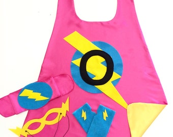 GIRLS PERSONALIZED Super Hero Cape Set - Includes superhero cape plus 3 accessories - 10 choices - Kids Superhero Costume - Dressup