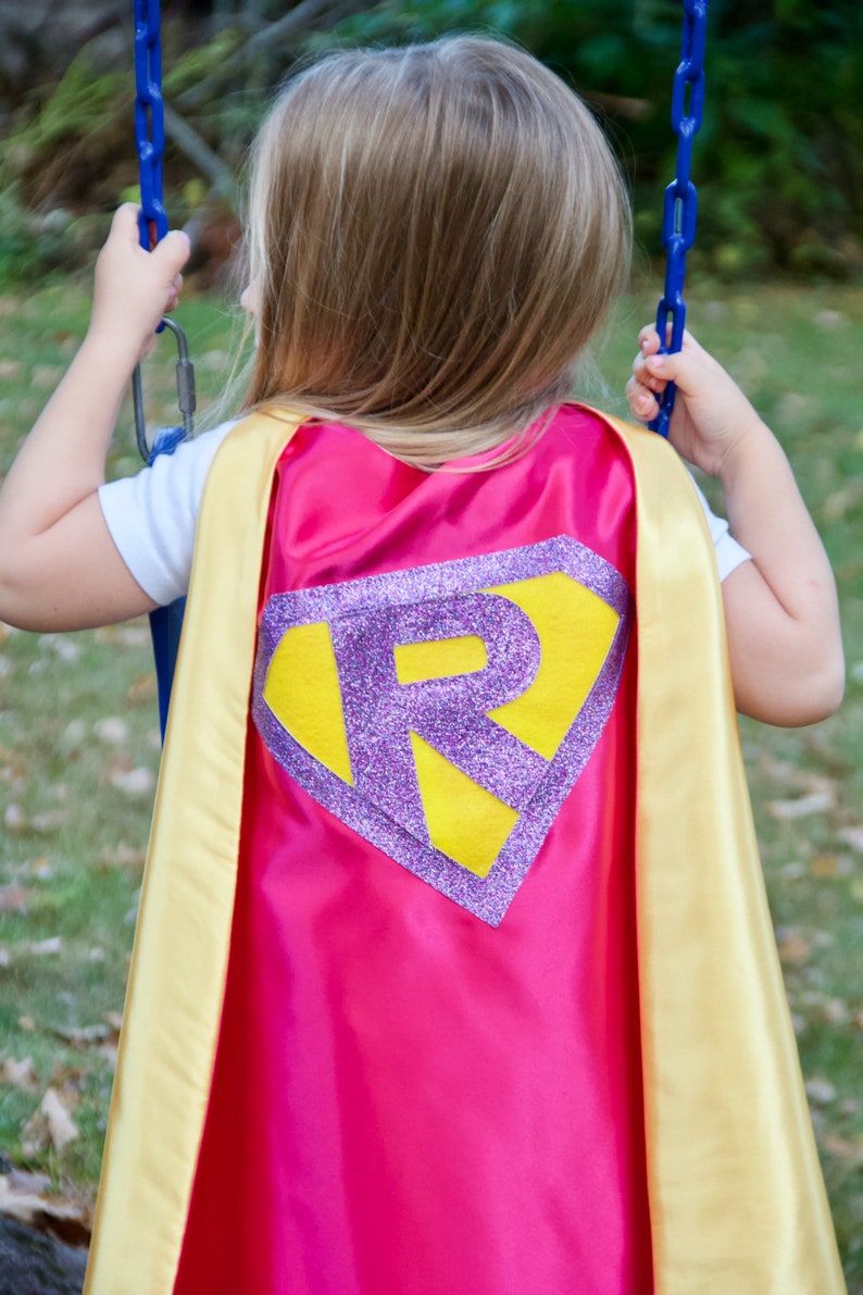 Ships Fast Girls Halloween Superhero Costume Cape Sparkle PERSONALIZED GIRL SUPERHERO Cape Custom Initial 6 color choices image 7