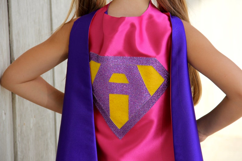 Ships Fast Girls Halloween Superhero Costume Cape Sparkle PERSONALIZED GIRL SUPERHERO Cape Custom Initial 6 color choices 6