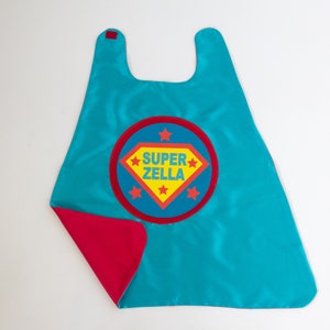 GIRLS FULL NAME Custom Shield Cape / Personalized Superhero Cape / Add Matching Accessories / Superhero Party / Fast Shipping / Halloween 4 TURQU/RED CAPE