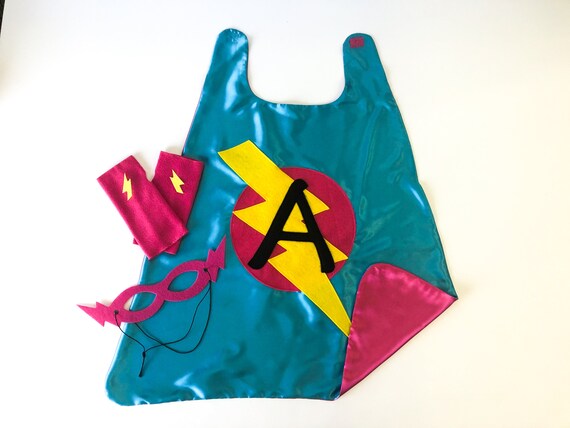 Girls Superhero Cape Set / Personalized Gift / Choose the Initial / 3 Piece Set / Includes Cape / Bolt Mask / Power Gloves / SHIPS FAST Il_570xn