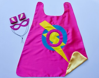 Girls Dress Up Costume - SUPERHERO 3 piece costume - Includes personalized cape - sparkle superhero mask - and set of sparkle wrist bands