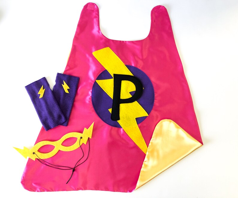 Childs Superhero Cape Set / Personalized Gift / Choose the Initial / 3 Piece Set / Includes Cape / Bolt Mask / Power Gloves / SHIPS FAST 20