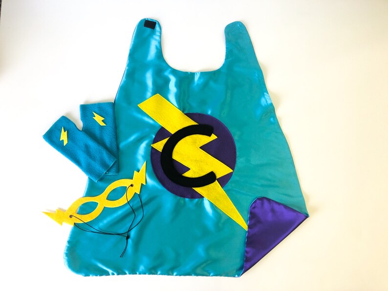 Childs Superhero Cape Set / Personalized Gift / Choose the Initial / 3 Piece Set / Includes Cape / Bolt Mask / Power Gloves / SHIPS FAST 16