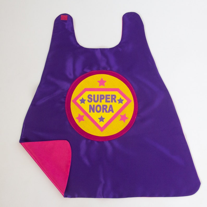 GIRLS FULL NAME Custom Shield Cape / Personalized Superhero Cape / Add Matching Accessories / Superhero Party / Fast Shipping / Halloween 5 PURPLE/PINK CAPE