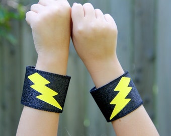 BLACK Blaster WRISTBAND SET - Superhero Wrist Bands - Big Lightning Bolt  -Lots of color choices