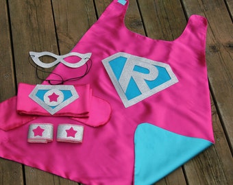 Sparkle PERSONALIZED Girls SUPER HERO Costume - Includes cape with child's initial plus 3 accessories - wrist bands - hero belt - mask