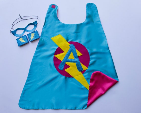 Girls SUPERHERO 3 piece costume - Includes personalized cape - sparkle superhero mask - and set of sparkle wrist bands Il_570xn
