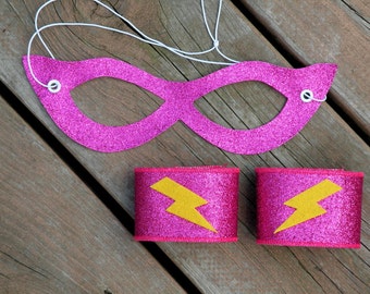Childrens Superhero Sparkle Accessory set -6 sets to choose from-includes Hero Cuffs and Sparkle Mask - girl party favor