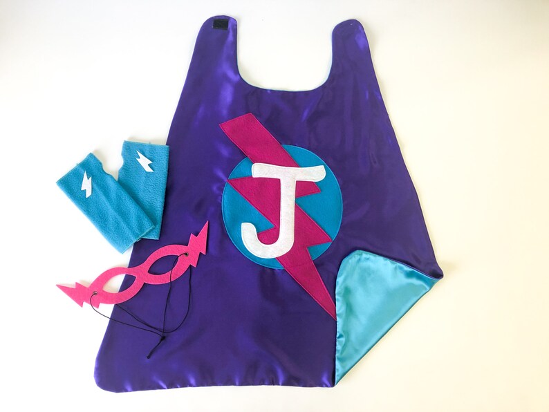 Childs Superhero Cape Set / Personalized Gift / Choose the Initial / 3 Piece Set / Includes Cape / Bolt Mask / Power Gloves / SHIPS FAST 15