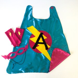 Childs Superhero Cape Set / Personalized Gift / Choose the Initial / 3 Piece Set / Includes Cape / Bolt Mask / Power Gloves / SHIPS FAST 18