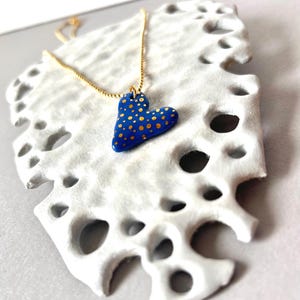 Porcelain Pendant Necklace, Ceramic Handmade Jewelry, Gold Details Heart Necklace, Handcrafted Blue Heart Porcelain Necklace with Gold Dots