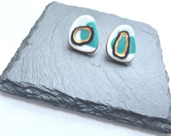 Handmade Porcelain Stud Earrings, 22K Gold, Colorful Ceramic Jewelry