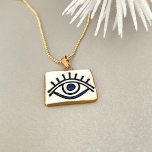Evil Eye Porcelain Necklace with Gold Detail, Gift for Her, Handmade Jewelry