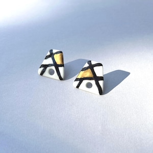 Black And White Porcelain Earrings, Modern Jewelry, Gift For Women, Ceramic Earrings, Gold Dipped Statement Earrings
