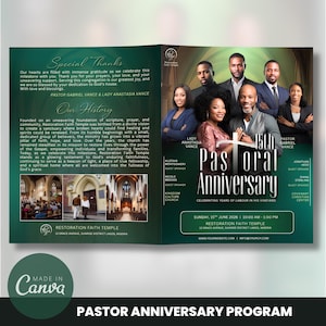 May include: A bi-fold church program for a 15th Pastoral Anniversary at Restoration Faith Temple. The design features a green gradient background, photos of church leadership, historical text, and event details for Sunday, June 15th, 2026.