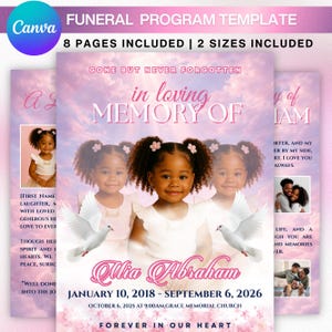 May include: A funeral program template with a soft pink and purple gradient background. The design includes a photo of a young girl, doves, and the text "in loving memory of Alia Abraham". The template includes 8 pages and 2 sizes.