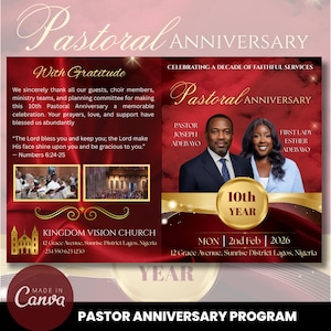 May include: A maroon and gold program for a Pastoral Anniversary, featuring the text "Pastoral Anniversary" and "10th Year." It includes photos of Pastor Joseph Adebayo and First Lady Esther Adebayo, along with event details and a church logo.