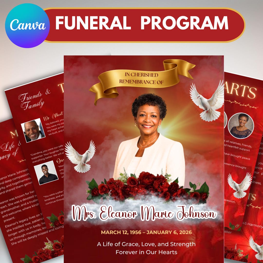 8 Page Red Funeral Program Template, Bifold Memorial Program, Obituary ...
