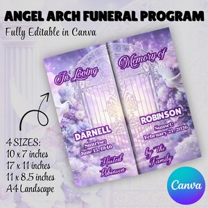 May include: A funeral program with a purple and white design featuring an angel archway, doves, and floral accents. The text includes "In Loving Memory of" and details for Darnell and Robinson. The program is available in 4 sizes, including 10 x 7 inches.