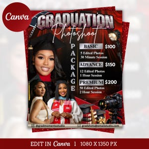 May include: A red and black flyer promoting a graduation photoshoot package. The flyer features three women in graduation attire, with text that reads "GRADUATION Photoshoot PACKAGE" and details on the Basic, Advance, and Premium packages.