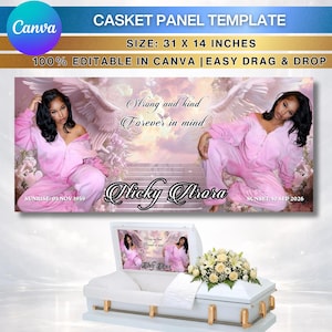 May include: A white casket with a floral arrangement and a panel template. The template features a woman in pink, angel wings, and the text "Strong and kind Forever in mind Nicky Arora." The template size is 31 x 14 inches.